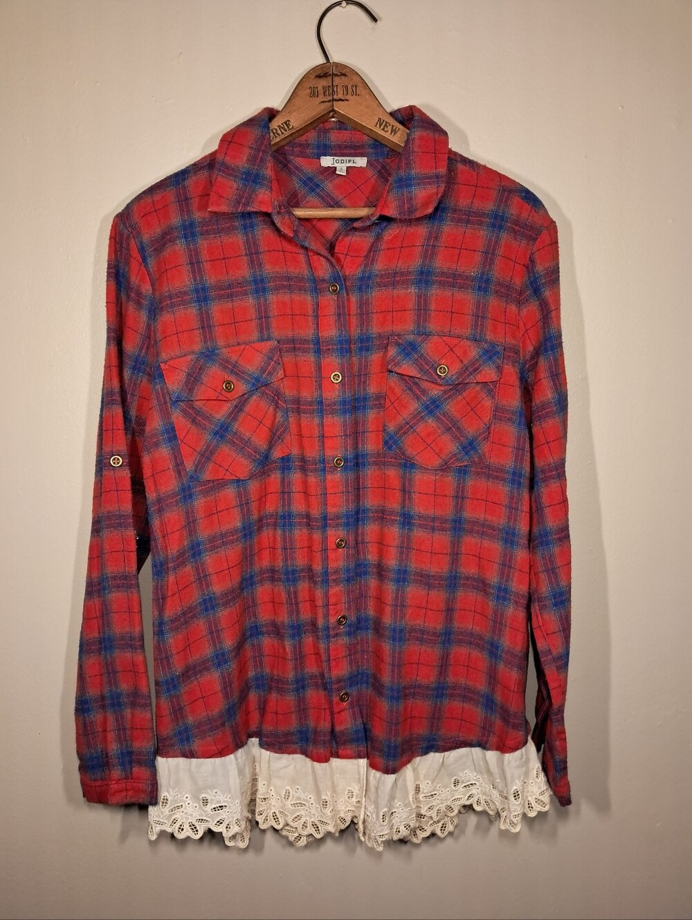 Jodifl Red & Blue Plaid Button-Up Shirt with White Lace Trim